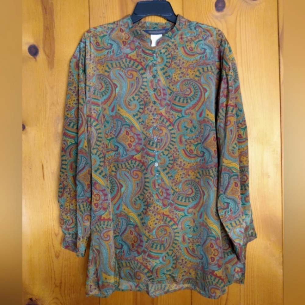 Vintage Herman Geist Paisley Mandarin Collar Button Front Shirt